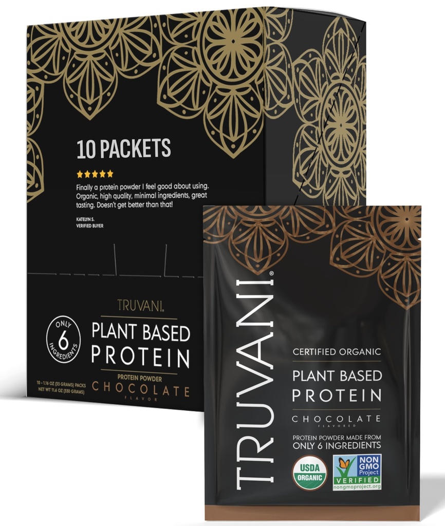 Truvani Vegan Pea Protein Powder 124; Čokoláda 124; 20g Organic Plant Based Protein 124; Single Serving Travel Packets 124; 10 Servings CLAS124; Keto CLAS124; Gluten & Dairy Free CLAS124; Low Carb CLAS124; No Add Sugar