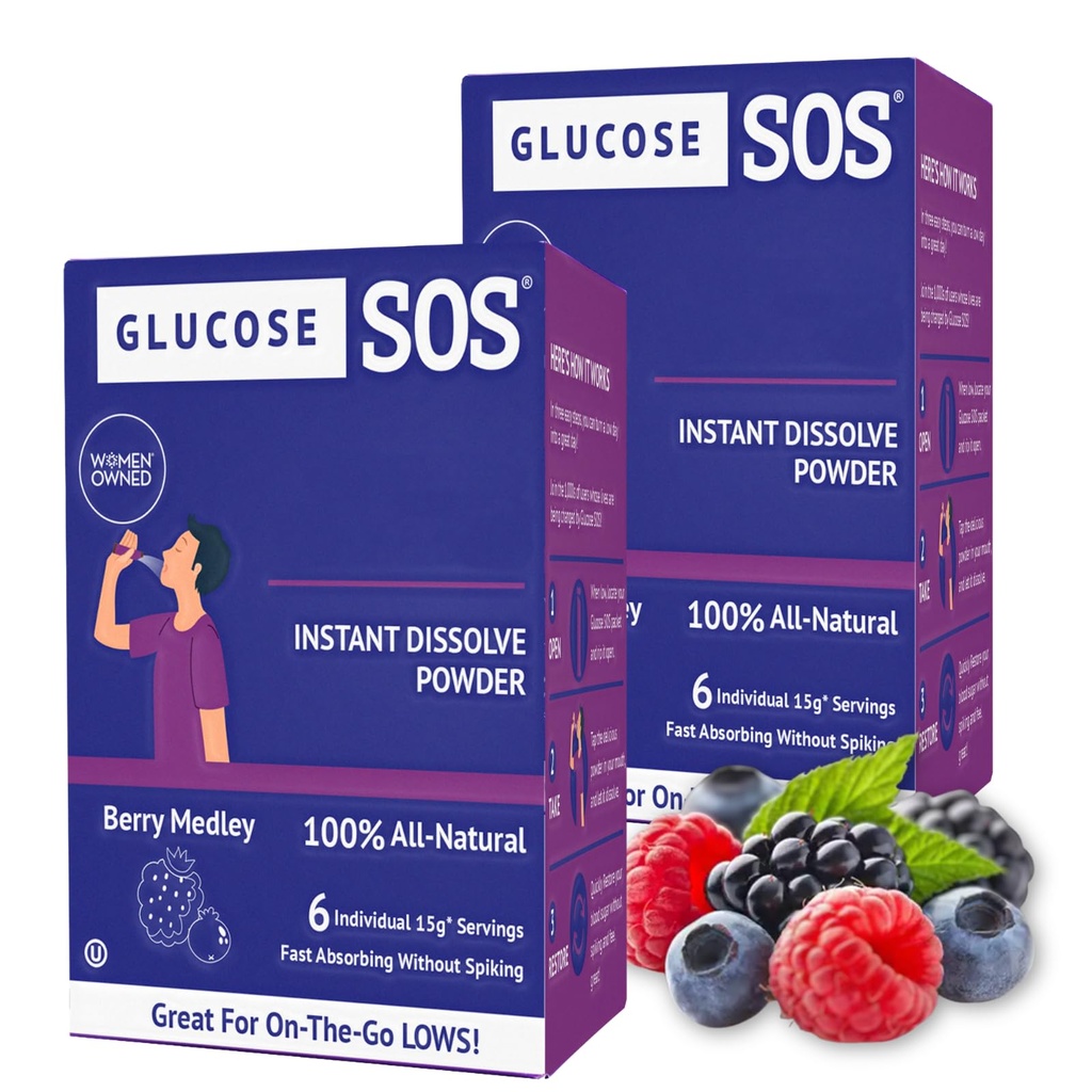 Glukóza SOS Glukóza Powder Packets s přírodní dextrosou, Fast- Absorpce Že se okamžitě rozpustí v ústech bez vody, Berry Medley 12 Služeb