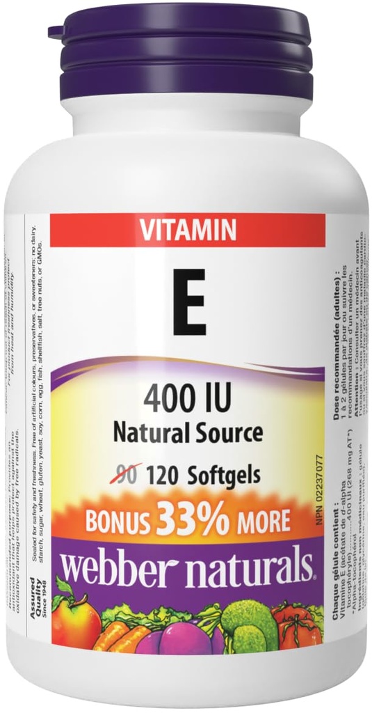 Webber Naturals Vitamin E Přírodní zdroj Softgel, 400 NU- 120 Softgels