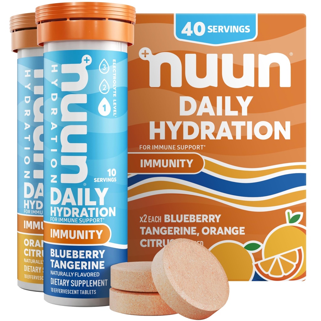 Nuun Imunity Electrolyte Tablety s vitamínem D, C, E, & A, Ginger, Elderberry, Magnesium & 4 Ostatní esenciální elektrolyty, Vegan, Borůvkový tangerine & Orange Citrus, 4 balení (40 Služeb celkem)