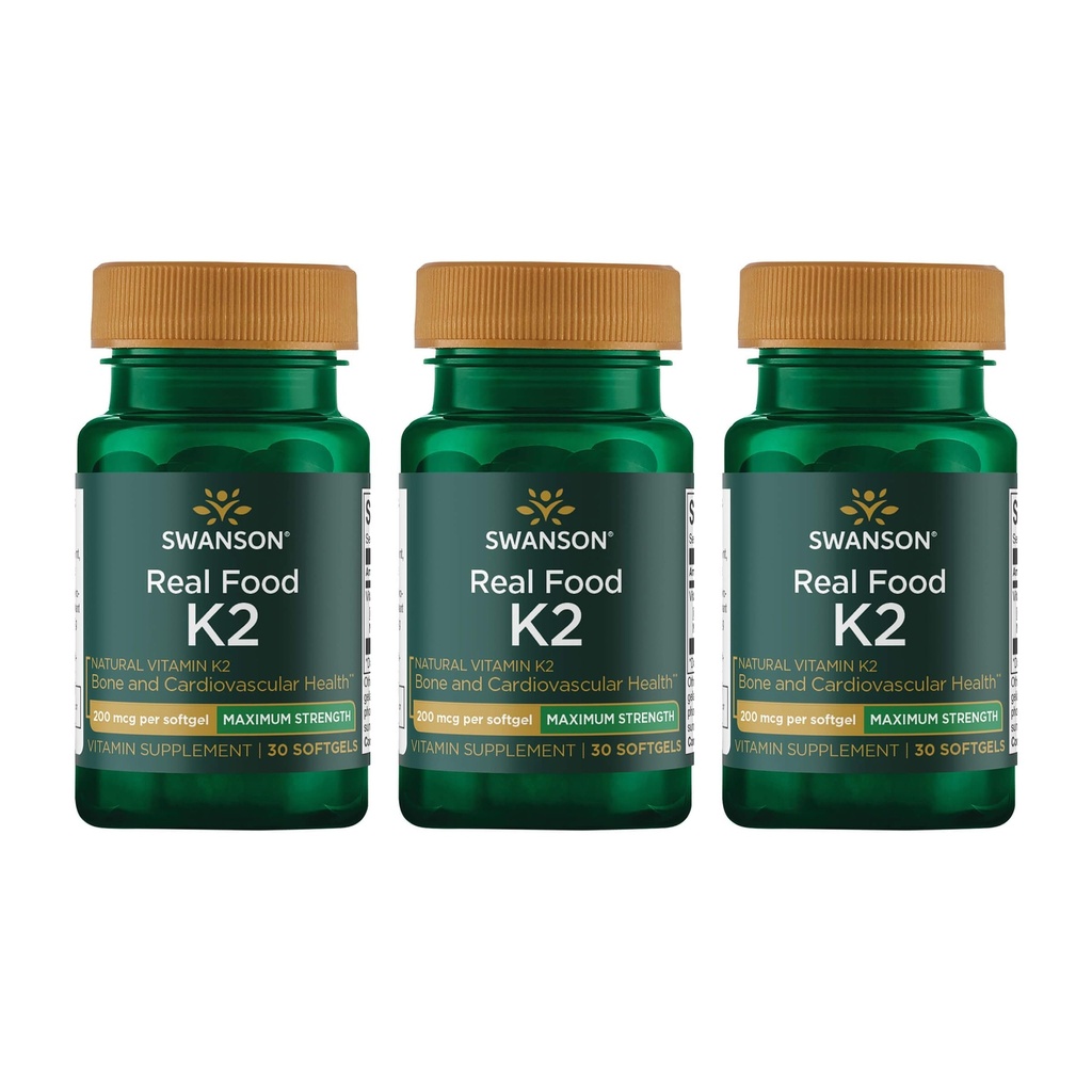Swanson Maximální síla vitamin K2 (Menachinone- 7) -vitamin dodatek Podpůrné kardiovaskulární a kostní zdraví-Vyrobeno z japonského Natto pomoci regulovat vápník (30 Softgels, 200mcg každý) (3 balení)
