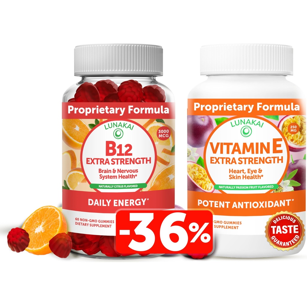Lunakai vitamin B12 a vitamin E Gummies Bundle - 3000 mcg Gummies pro dospělé Energy Support and Bone Health - 250 mg 1000 iu přírodní VIT E Plus C doplňky