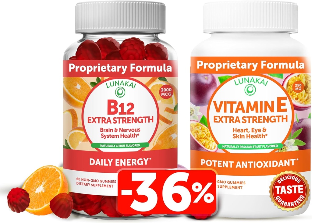 Lunakai vitamin B12 a vitamin E Gummies Bundle - 3000 mcg Gummies pro dospělé Energy Support and Bone Health - 250 mg 1000 iu přírodní VIT E Plus C doplňky