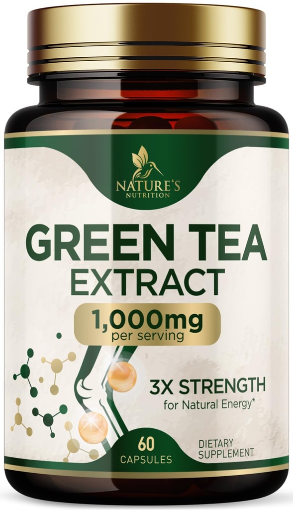 Zelený čaj Extract Kapsle 1000 mg - Standardizované 45% EGCG & 98% Polyfenoly - 3X Síla Zelený čaj pilulky pro přírodní energii - Podporuje srdeční zdraví, bylinný dodatek, Vegan, Non- GMO - 60 Kapsle