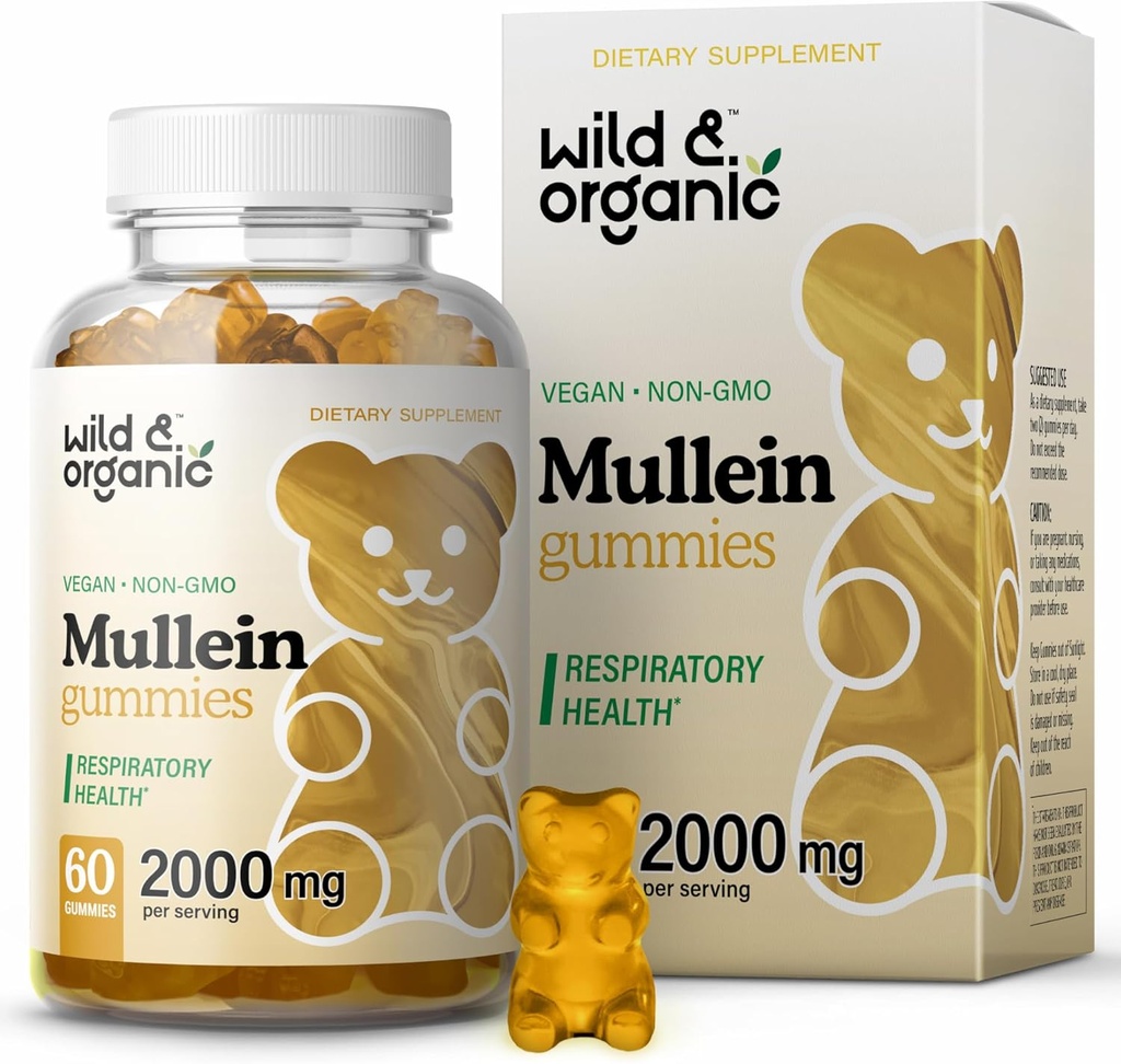 Wild & Organic Mullein Gummies for Lungs 2000mg - Lung Detox and Cleanse - Vegan Mullein Leaf Gummies for Immunication Support - 60 Non-GMO Herbal Extract Chews