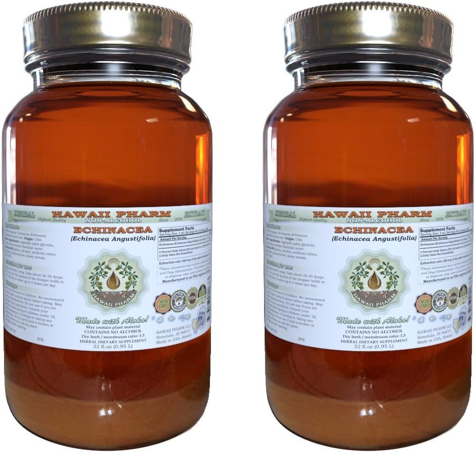 Echinacea Alcohol- Free Liquid Extract, Echinacea (Echinacea Angustifolia) Sušený Root Glycerite Hawaii Pharm Natural Herbal Supplement 2x32 oz Nefiltrovaný
