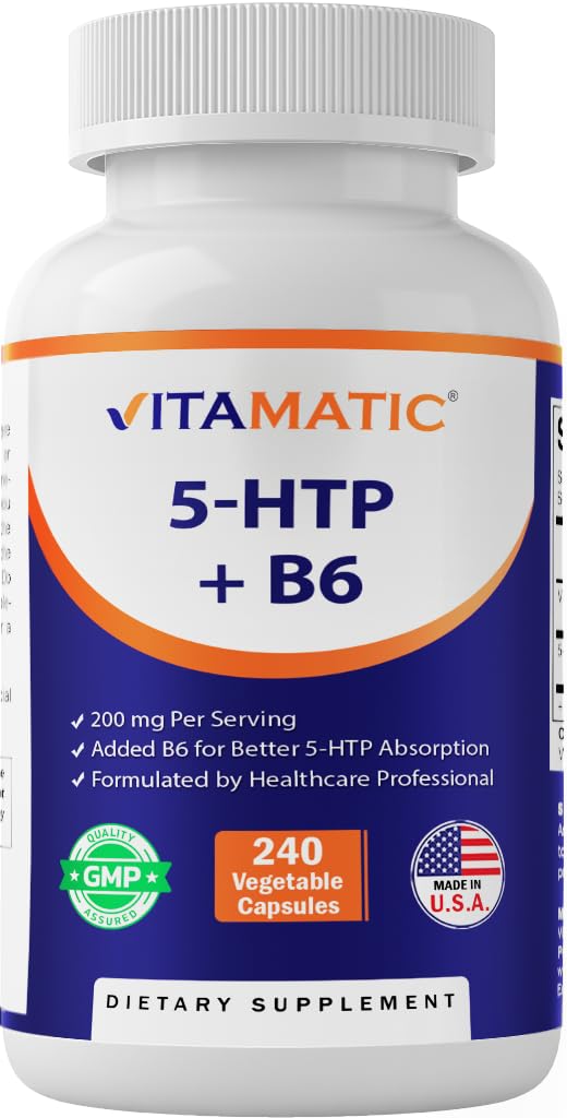 Vitamatic 5- HTP 200mg s B6 5mg Per Serving - 240 Vegetariánských kapslí (5- Hydroxytryptofan) - (Griffonia Simplicifolia Seed Extract)