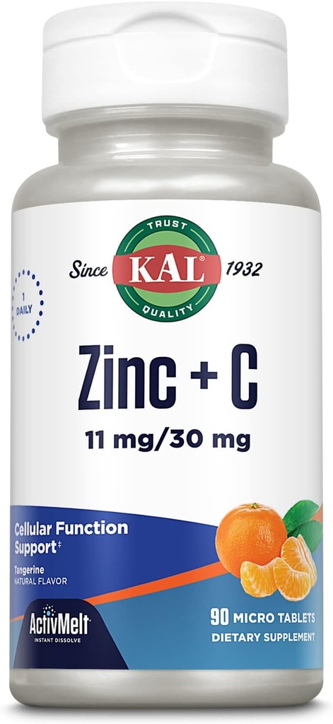 KAL Zink Plus C, okamžité rozpuštění vitaminu C a zinku, buněčná funkce a imunitní podpora, optimální absorpce, přírodní tangerine Flavor, 60- denní záruka vrácení peněz, 90 Služeb, 90 Mikro tablety