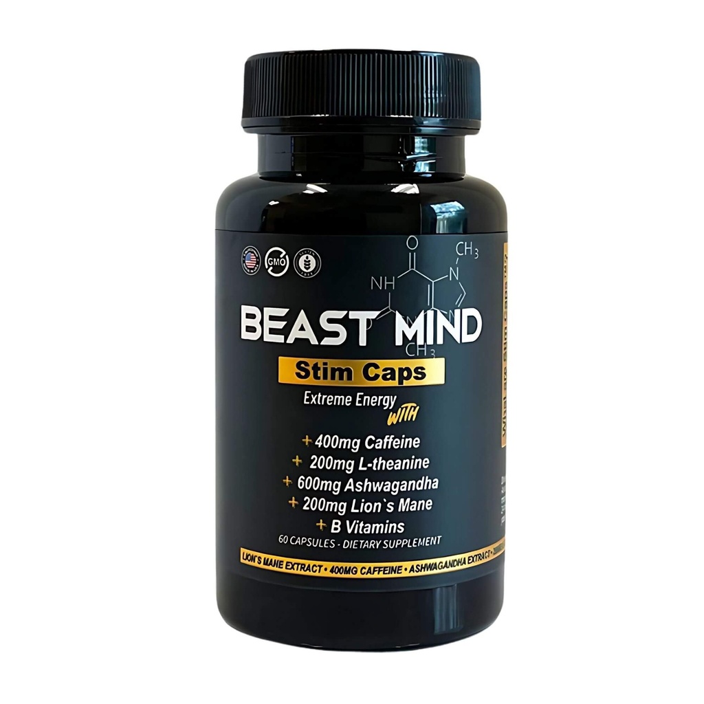 Extrémní energetické pilulky 124; 400mg kofein 124; 600mg Ashwagandha 124; 200mg Lions Mane 124; Zvýšená energie & Focus & Mood by Beast Mind