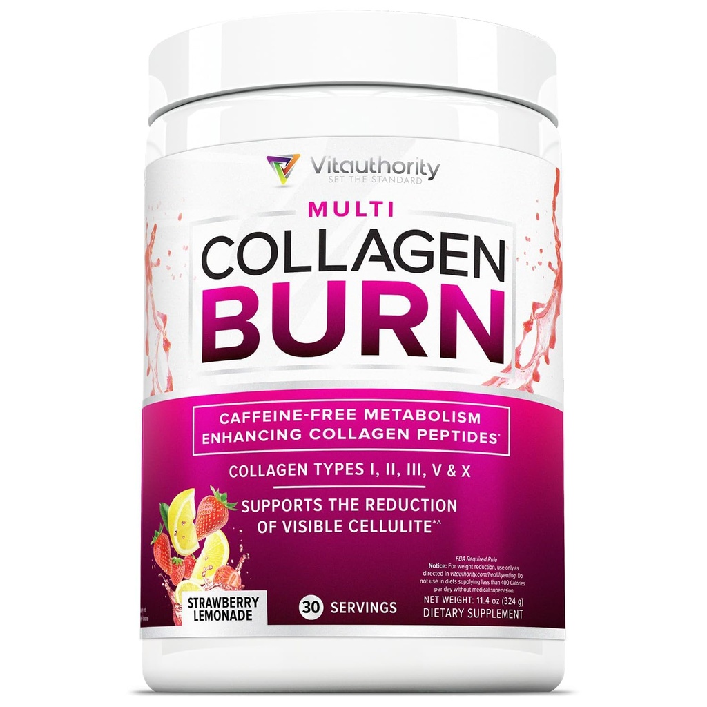 Multi kolagen Burn: Hydrolyzované proteinové peptidy s hyaluronovou kyselinou, vitamín C, SOD B bezešvé, Typy I, II, III, V a X, Caffeine-Free Jahodové citronády ochucené 30 Služeb