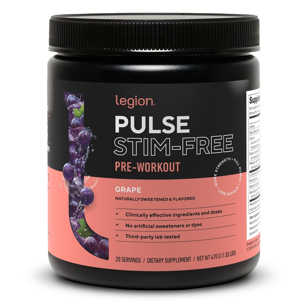 Legion Pulse Pre Workout Dodatek - Všechny přírodní oxid dusnatý Precvičení nápoj na zvýšení energie, Creatine Free, přirozeně slazené, Beta Alanin, Citrulline, Alfa GPC (Kofein zdarma Grape)