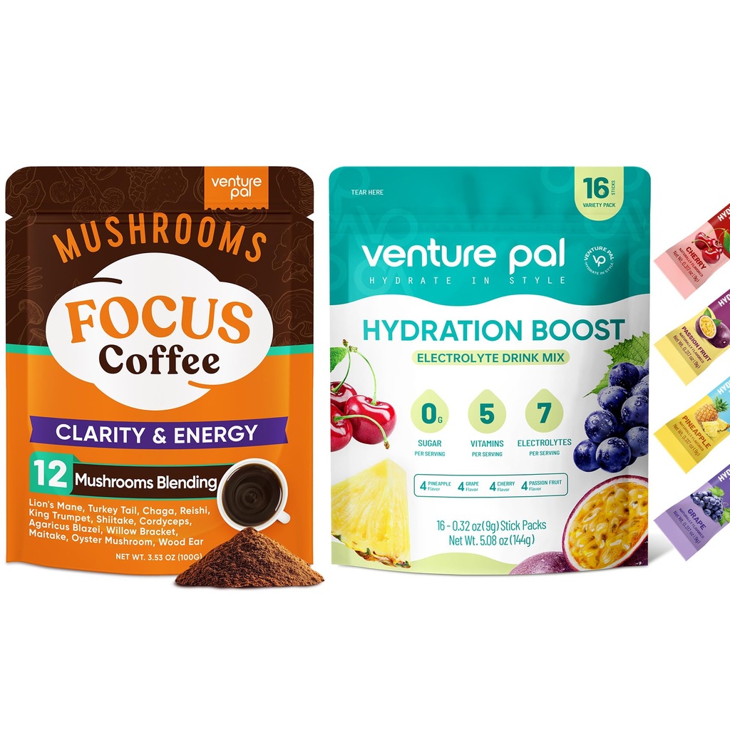 Venture Pal Houba Káva & Electrolyte Powder Bundle: 12 v 1 Káva s Ashwagandha & Sugar- Volný Electrolyte Packets pro zaměření, imunitu, Hydration & Recovery - 40 Servings & 16 Sticks
