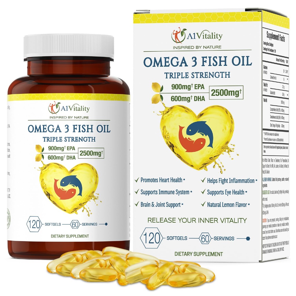 Omega 3 Triple Strength EPA DHA Dodatek - 2500mg Lemon ochucené Burless Fish Oil - High Potency 900mg EPA 600mg DHA podporuje Cirkulaci, Mozek, Srdce, Oko, Kůže, Kost & Spojky - 120 Softgels