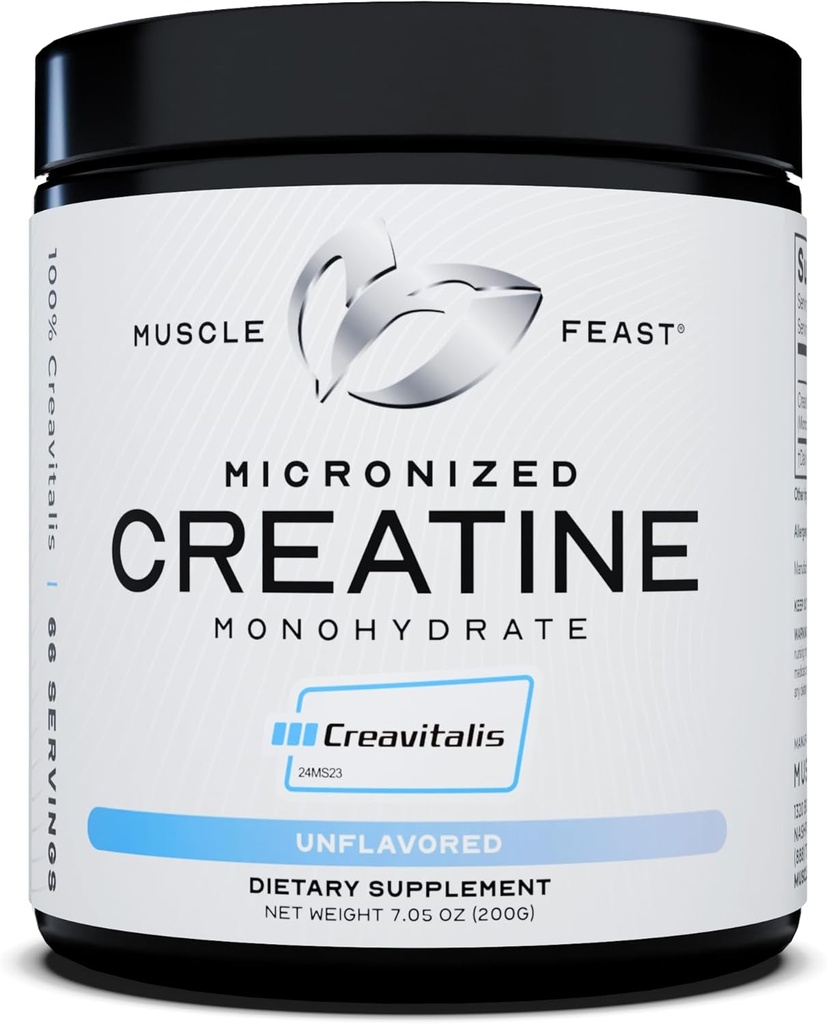 Muscle Feast Creavitalis Micronized Creatin Monohydrát prášek 124; Premium Pre- Workout nebo Post- Workout 124; Easy to Mix, gluten- Free, Safe and Pure, Kosher Certified (200g Guidelines 124; 66 Servings), Neochucené