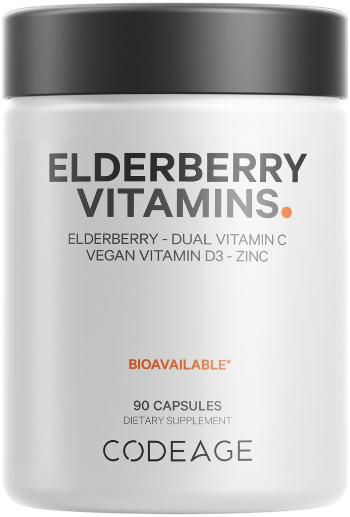 Kodeage Elderberry Vitaminy - Organic Fermented Elderberry Blend, Vitamin C z Ascorbic acid & Organic Acerola Cherries, Vitamin D3, Zinek, Sambucus Berries - 90 Kapsle