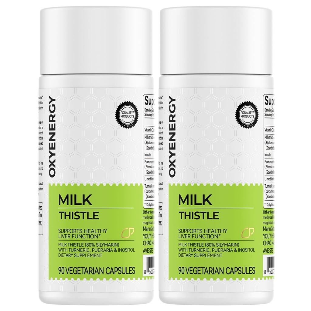 OxyEnergy Silymarin Mléko Thistle 300mg Extract s vitaminem C, Inositol & Pueraria, Játra Detox & Opravy Podpora, Antioxidant Podpora, 90 Kapsle, Balení 2