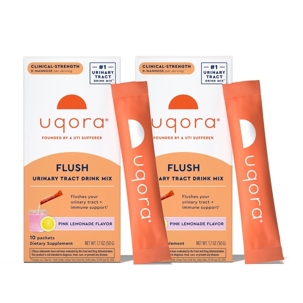 Uqora Flush - Močový trakt * s D- Mannose, Vitamin C, Vitamin B6, Draslík, hořčík & vápník - Gluten- Free & Vegan - Pink Lemonade Flavor - 20 Packets (2 balení)
