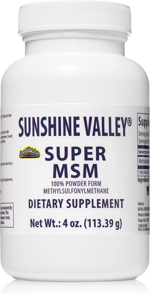Sunshine Valley ® Super MSM dodatek - Methylsulfonylmethan MSM Krystaly Prášek pro společnou podporu, hřebíky, vlasy a zdraví kůže - 100% čistý prášek, bez příchutí, dodatek stravy - 4 oz