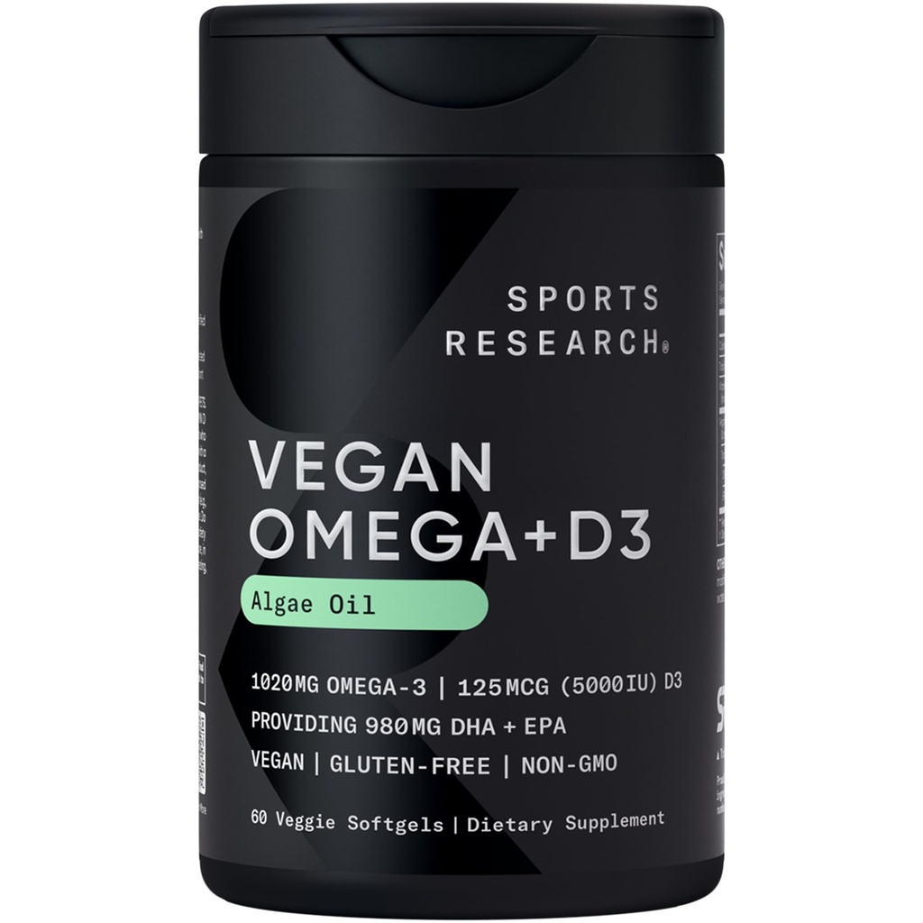 Sportovní výzkum Vegan Omega33 s vitaminem D3 Softgels - 1020mg Omega33 & 5000iu D3 dodatek - Rybí olej Alternativa s vitaminem D Plant- Based Podpora z Řasy Oil - 60 Veggie Softgels pro dospělé