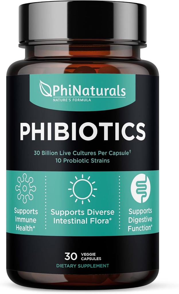 PhiNaturals High Potency Probiotics 10 Straines 30 Billion CFU [30 Vegan Kapsle] pro ženy a muže Digestive Gut Health - Lactobacillus Acidophilus Salivarius Rhamnosus Bifidobacterium Probioticos
