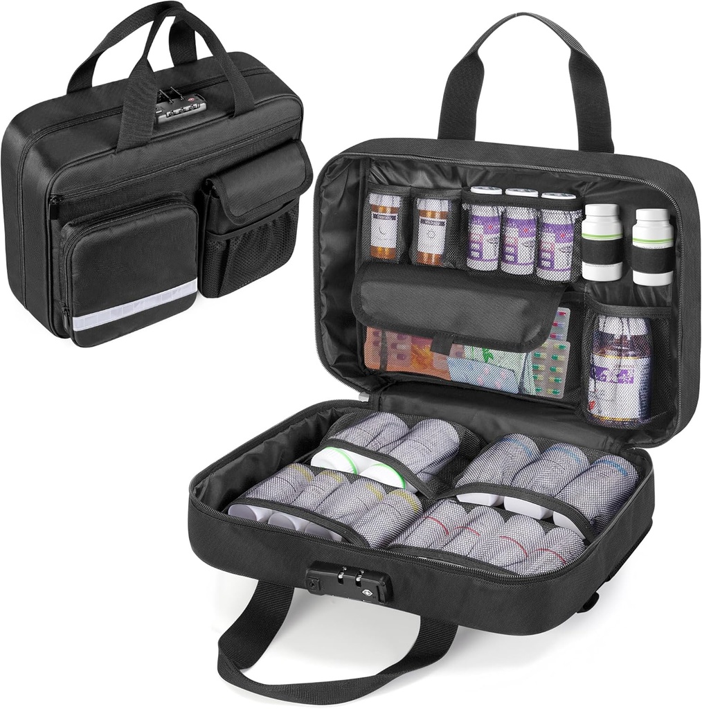 Damero Locking Pill Lahvička Organizátor, Medicine Storage Bag Medication Pořadatel Cestovní nosič Pouzdro pro velké Pill Lahvičky, Léky a lékařské dodávky, Černá