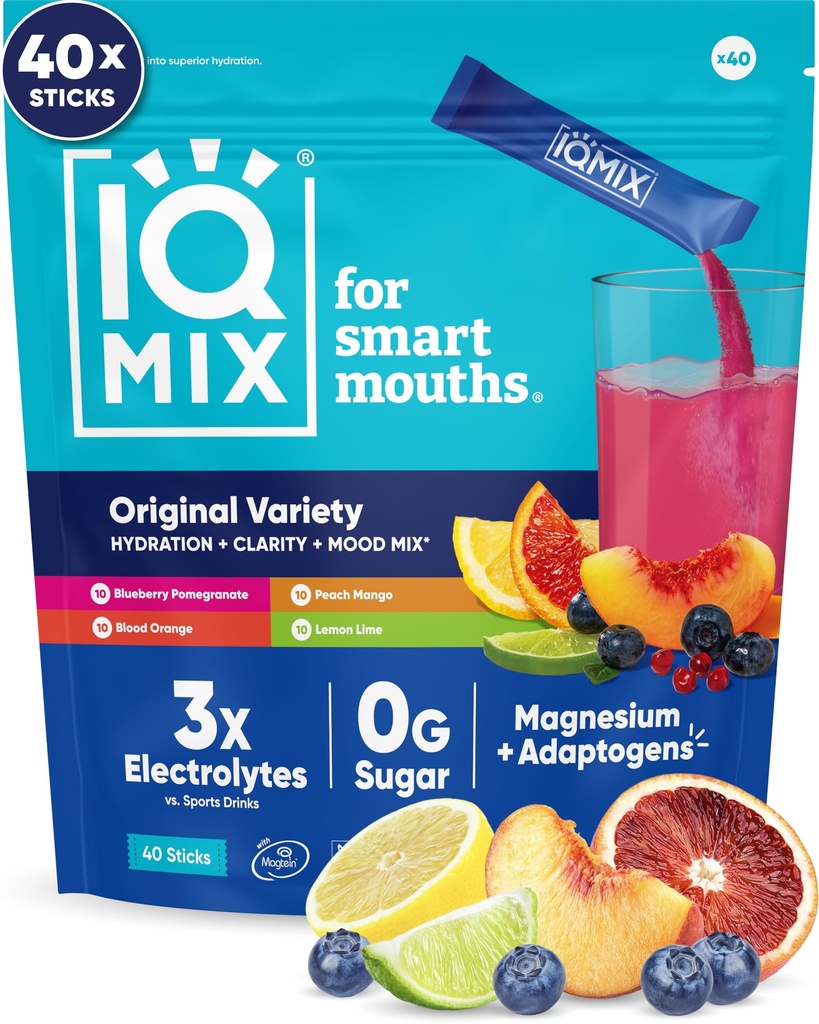 IQMIX Hydration Electrolyte Powder - 4- in-1 Formule pro hydrataci, duševní jasnost, nálady a zotavení - Sugar- Free Drink Mix, Keto, Magnesium L- Threonát, Lion 's Mane - 40 Count Variety Pack