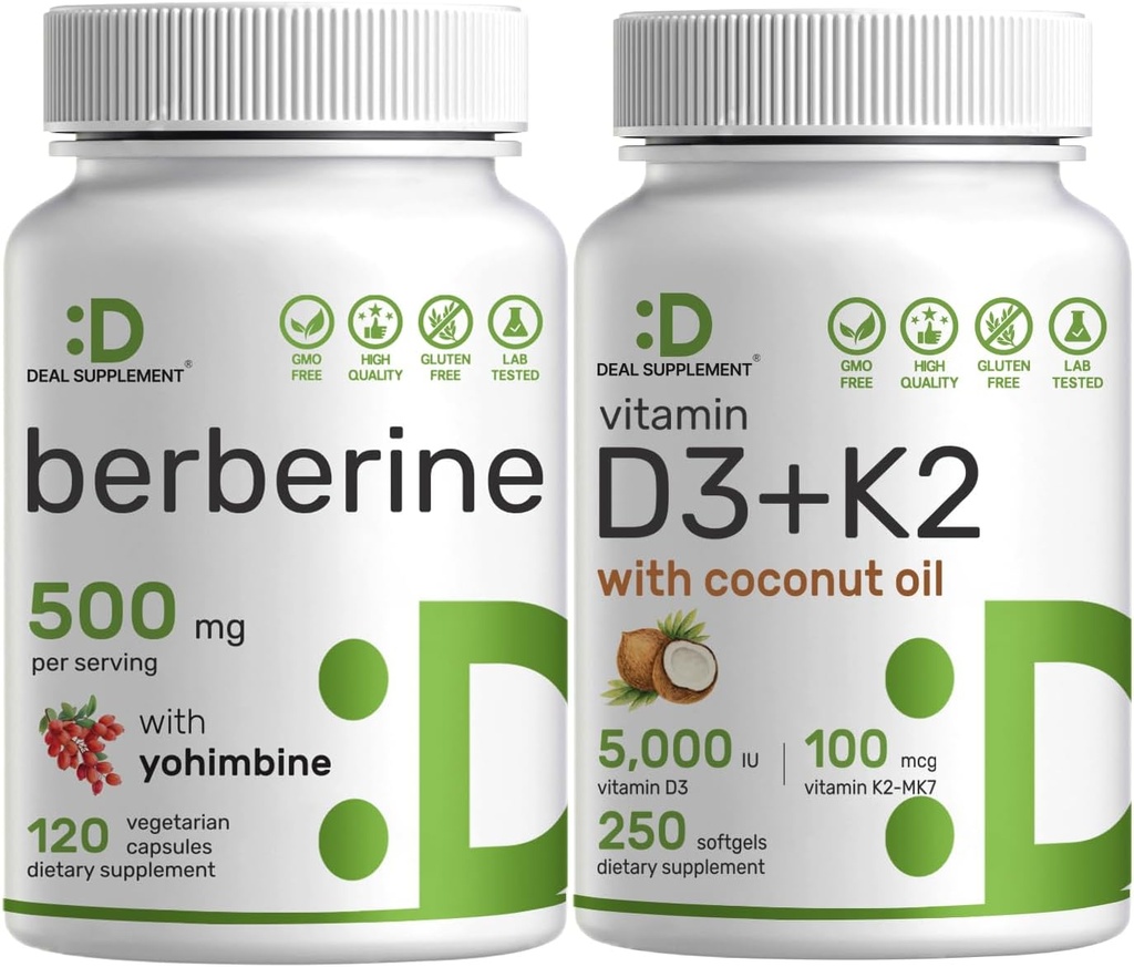 DEAL DOUMENT vitamin D3 5000iu + K2 100mcg Softgels & Berberine dodatek s Yohimbin Bundle - Esenciální sunshine Vitaminy - vysoká absorpce Hydrochlorid HCl Formy