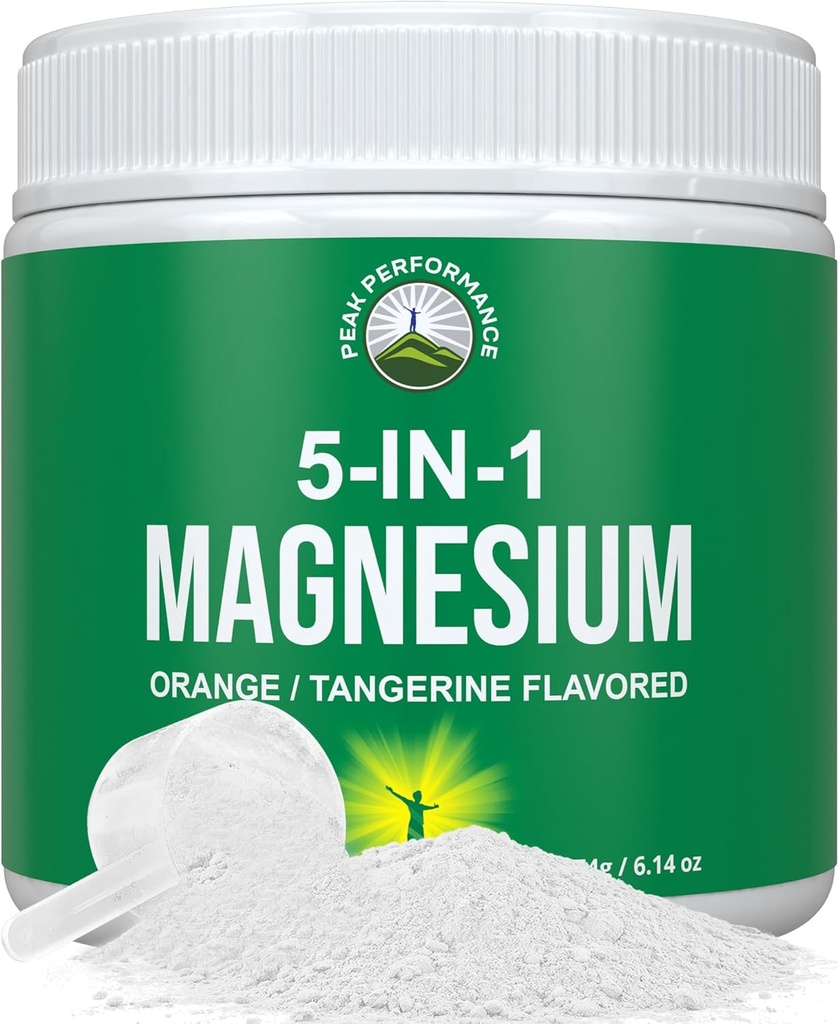 5- in-1 Magnesium Powder Drink pro ženy a muže. Magnesium Glycinát + Citrát + Malate + Chelate + Taurát. Velký Ochutnávání Vegan dodatek pro svalovou relaxaci, spánek, křeče. Orange Flavor