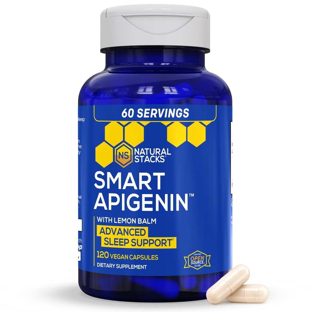 Přirozený STACKS Apigenin Doplněk pro spánek - 50mg Apigenin & 600mg Lemon Balm - Melatonin zdarma Spící pomůcka - s výtažkem Vášně Květiny pro podporu stresu * - 120 Lemon Balm Kapsle