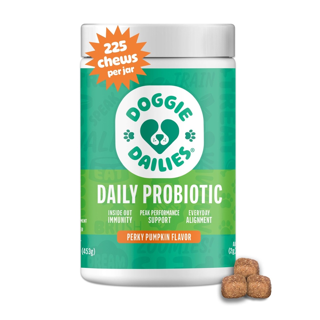 Doggie Dailies Probiotika pro psy - Advanced Dog Probiotics with Prebiotics - Promotes Digestive Health - Podporuje imunitní systém a celkové zdraví (dýně) 225 měkké žvýkání