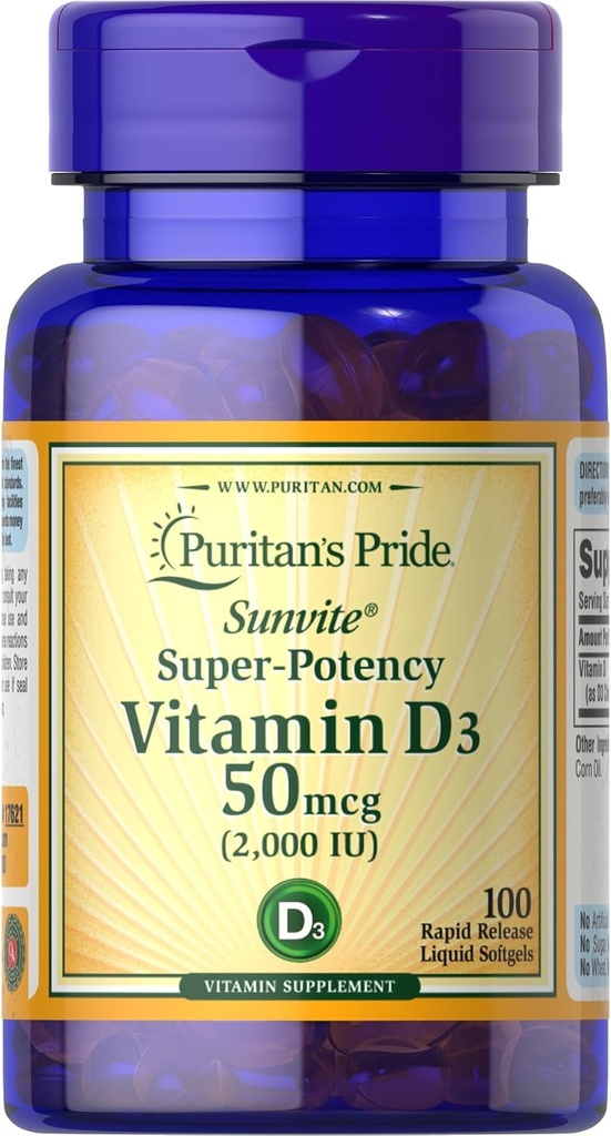 Puritan 's Pride Sunvite Super High Potency Vitamin D3 2000IU 100 Softgels