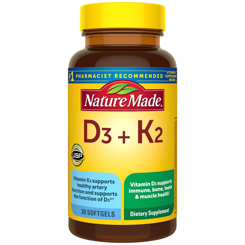 Příroda Vyrobeno vitamin D3 K2 dodatek, 5000 IU (125 mcg) Vitamin D pro kosti, zuby, svalovou a imunitní podporu, 30 D3 a K2 Softgels, 30 Den Dodávka