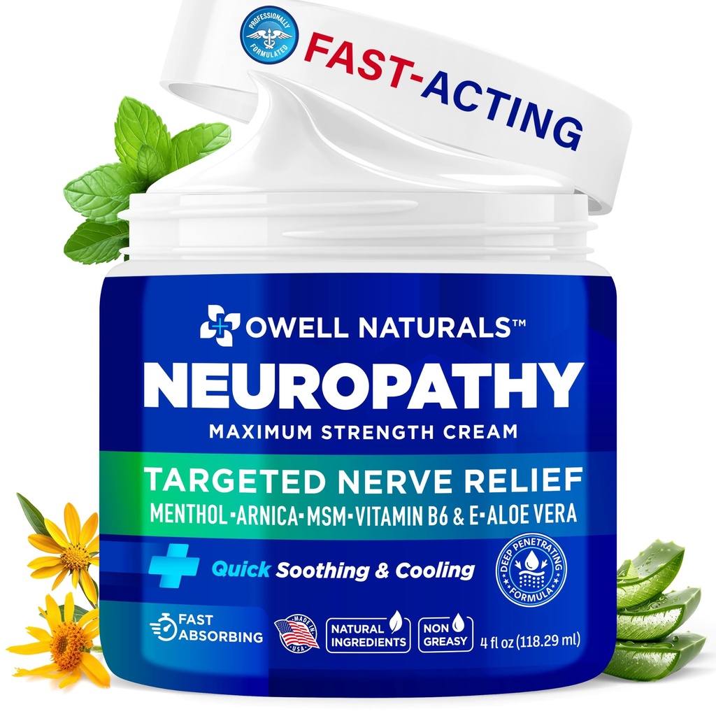 OWELL NATURALES Neuropatie Cream Extra Strength Nerve Relief Cream for Foot, Hands, Nohs, Toes with Arnica, Vitamin B6, Aloe Vera, MSM - Made in USA