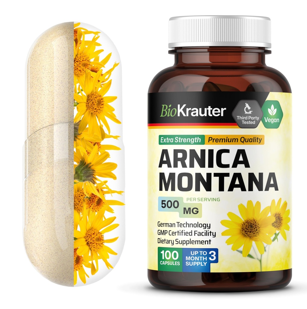 BIO KRAUTER Arnica Montana Kapsle - 500 mg Arnica Kapsle pro podlitiny a otoky - Vegan - 100 Počet