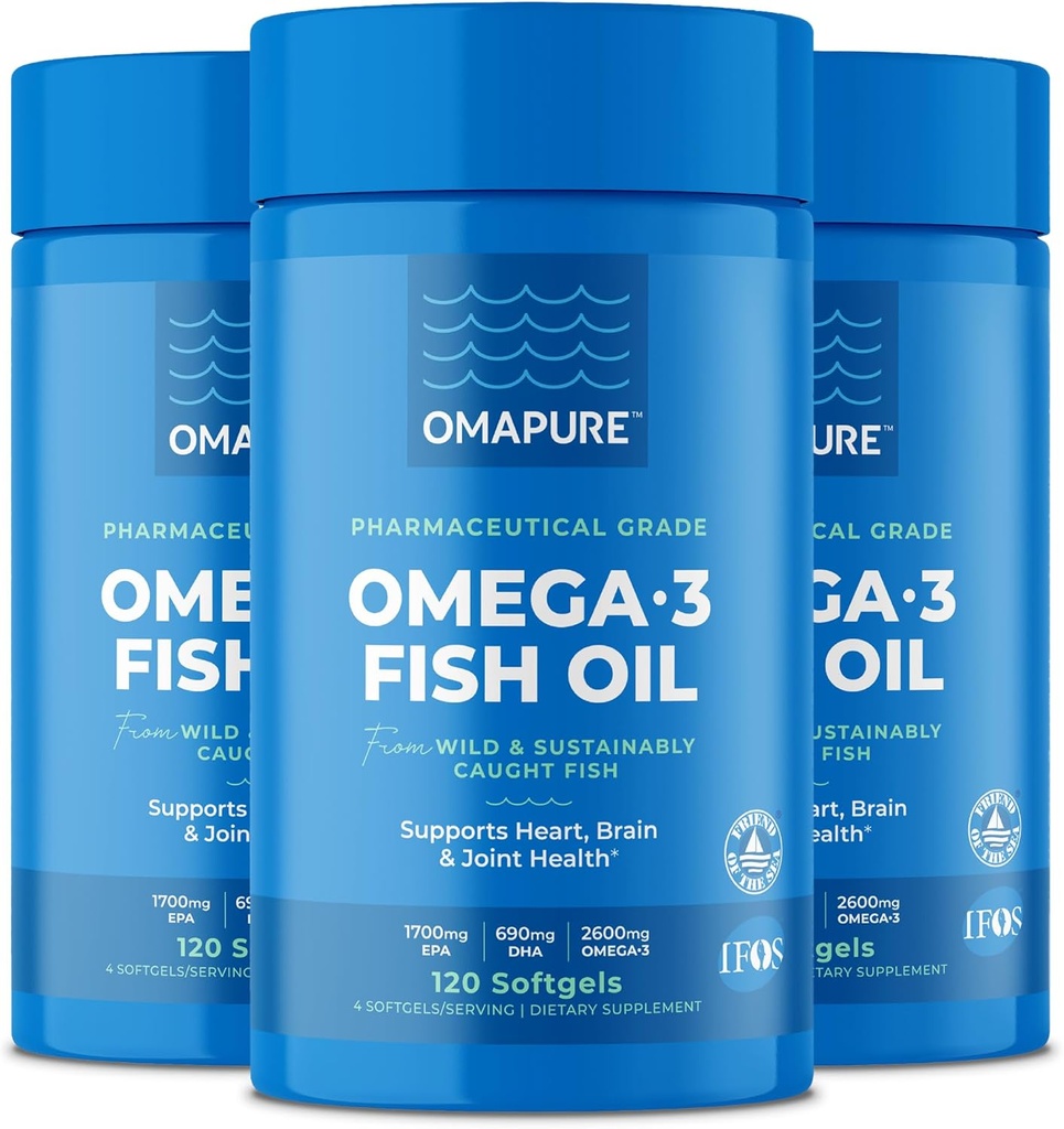 OMAPURE Rybí olej doplňky s Omega 3 mastné kyseliny (3 láhve, 120 Softgels) - High EPA, DHA, & IFOS Rybí olej pilulky Podpora srdce a společné zdraví - Bezproblémové rybí olej podporuje funkce mozku