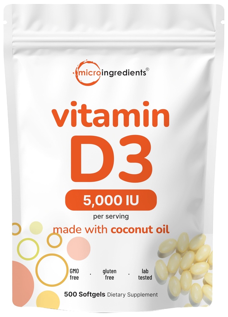 Mikro ingredience Vitamin D3 5 000 IU, 500 Softgels CLAS124; Panenský kokosový olej CLAS124; Cholekalciferol Form CLAS124; Kostní, imunitní a srdeční podpora CLAS124; Snadno polykat, Non- GMO