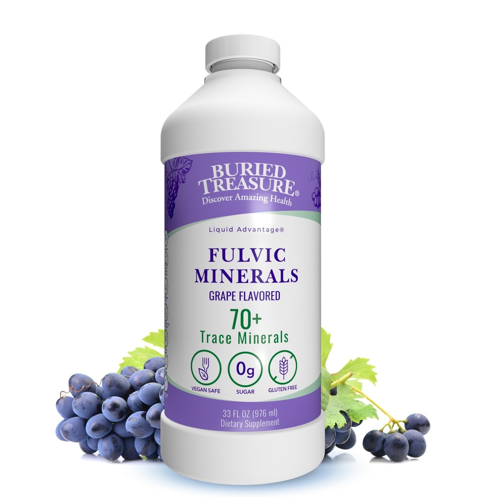 Poklad pohřben Fulvic Minerály Grape Ochucené - Koloidní Minerály z Humic Fulvic Acid, Elektrolyty z Trace Minerály pro obnovu a Wellness Podpora. Přidat do vody - 32 Služeb