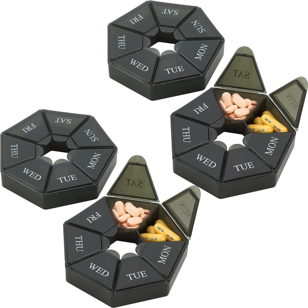 Týdenní porce Pořadatel - (Balení po 4) 7- denní Pill Kontejner - Artritida Friendly Portable & Kompaktní cestovní pouzdro Denní Complex Medicine Pilulky Box pro doplňky, léky, vitamíny a rybí oleje