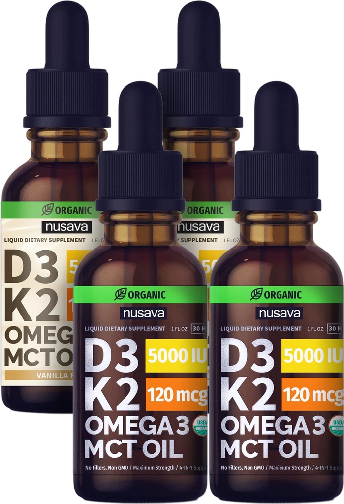 NUSAVA Neochucené D3 K2 kapalné kapky a vanilkové ochucené D3 K2 tekuté kapky Bundle - Potentní tekuté vitaminy pro srdce, kloub, kosti, svalovina, a imunitní podpora - Non- GMO, gluten- Free, 2pk Každý