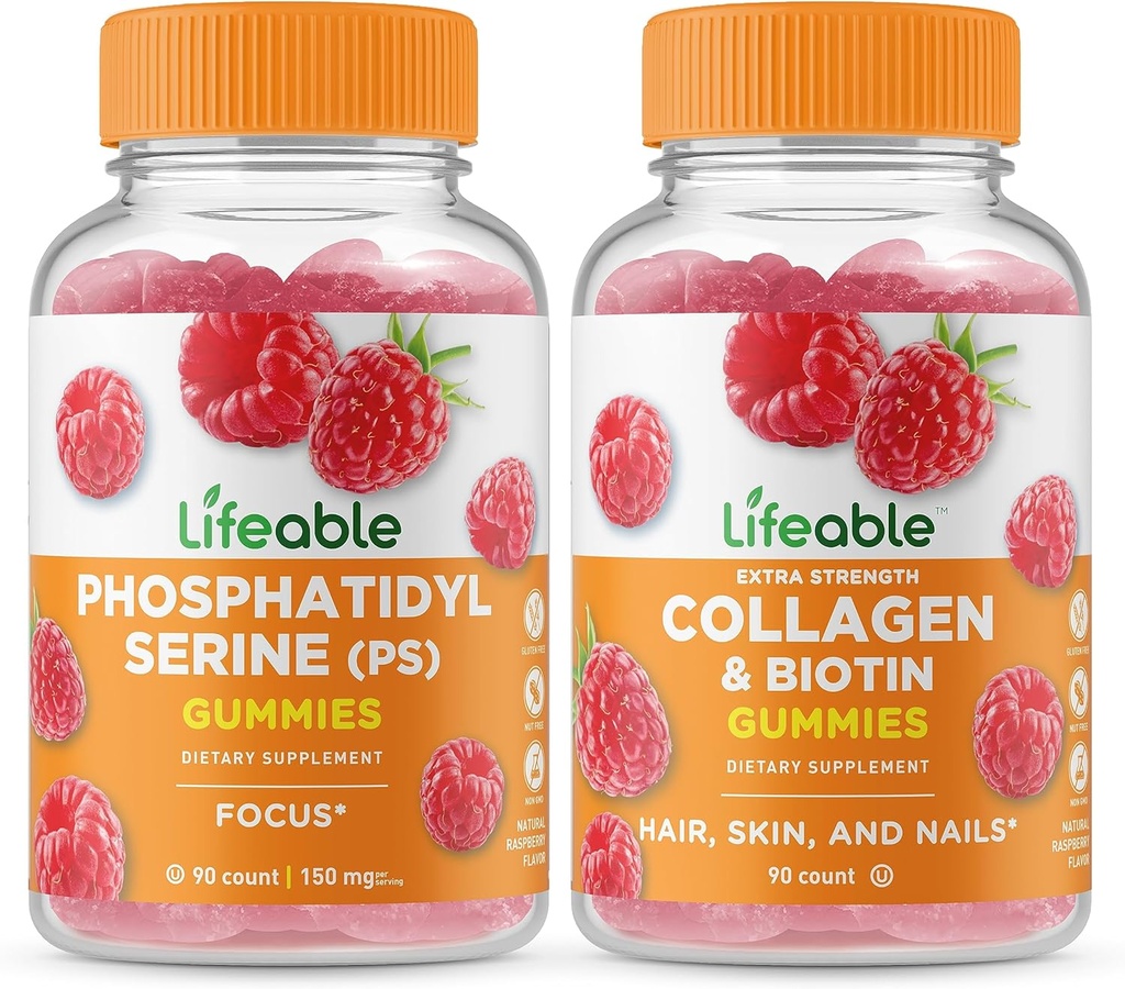 Živý fosfatidylserin (PS) + kolagen & biotin, Gummies Bundle - Great Tasting, vitamin dodatek, gluten zdarma, GMO zdarma, Žvýkací žlab