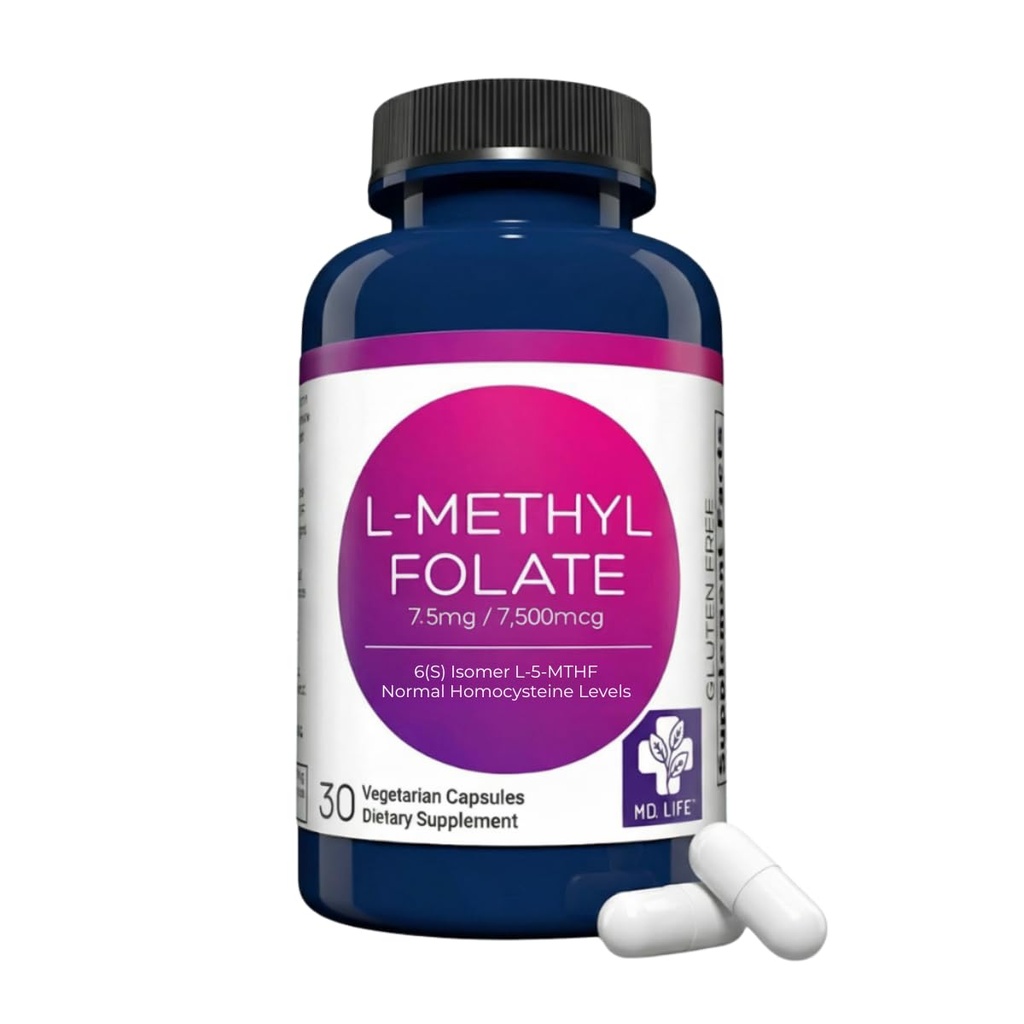 MD Life L- Methylfolát 7, 5 mg dodatek - Professional- Grade Active L Methylfolát Dodatek - 30 Kapsle - L- Methylfolát 7, 5mg - Maximální potence MTHFR W / Essential aminokyseliny
