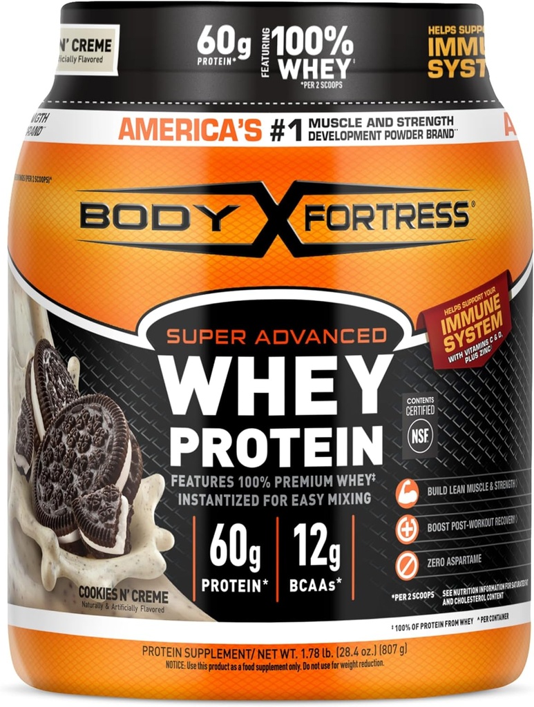 Tělesná pevnost Super Pokročilý syrovátkový prášek, Cookies N 'Creme, 60g protein & 12g BCAAs Per 2 Scoops, Muscle Gain & Recovery, Imunitní podpora s vitamíny C & D, 1.78lbs (Balení květen Vary)