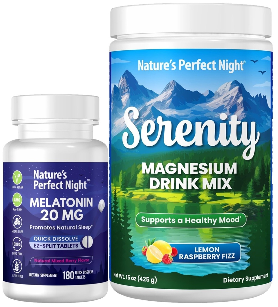 Nature 's Perfect Night Melatonin 20mg Quick Disold Mixed Berry 180 Počet se Serenity Magnesium Powder 15 oz Lemon Raspberry