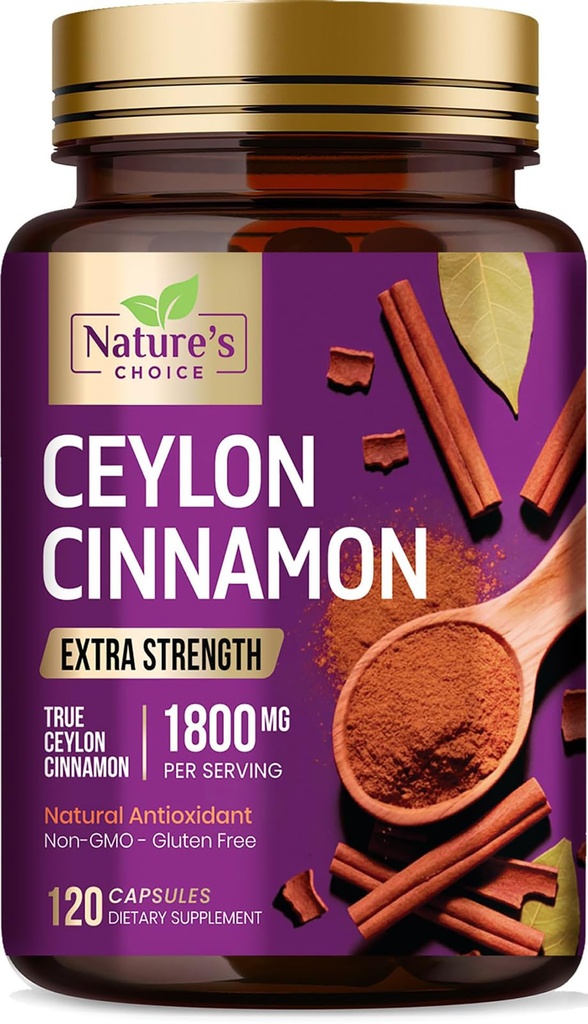 Ceylon Skořice Kapsle 1800mg - Certified Organic Cinnamon, Lahvička v USA, & Čistá Extra síla Ceylon Skořice Dodatek, Antioxidační pilulky, Non- GMO & gluten zdarma, Cukr zdarma - 120 Kapsle