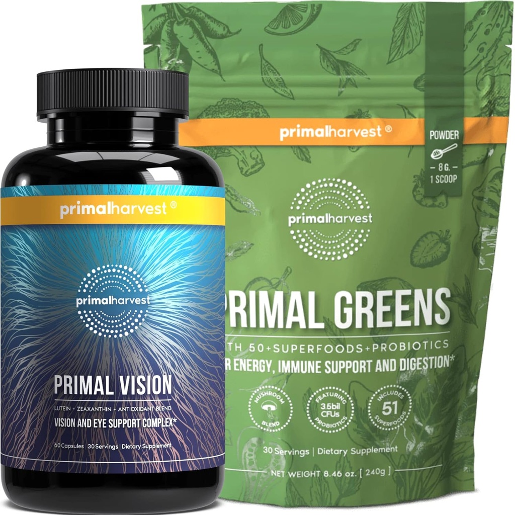 Primal Harvest Green Powder & Vision doplňky pro ženy a muže Vision and Eye Support Complex with Lutein, Zeaxanthin Bundle