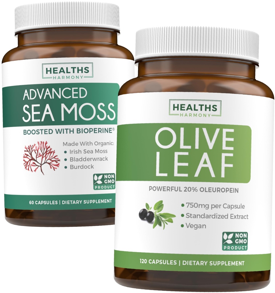 Moss Moss & Olive Leaf Extract (1-Month Supply) Olive Moss Blend - Organic Irish Sea Moss - Surový vegan dodatek (60 Caps) & Olive Leaf Extract Super Strength: 20% Oleuropein - Vegetarian (120 Caps)