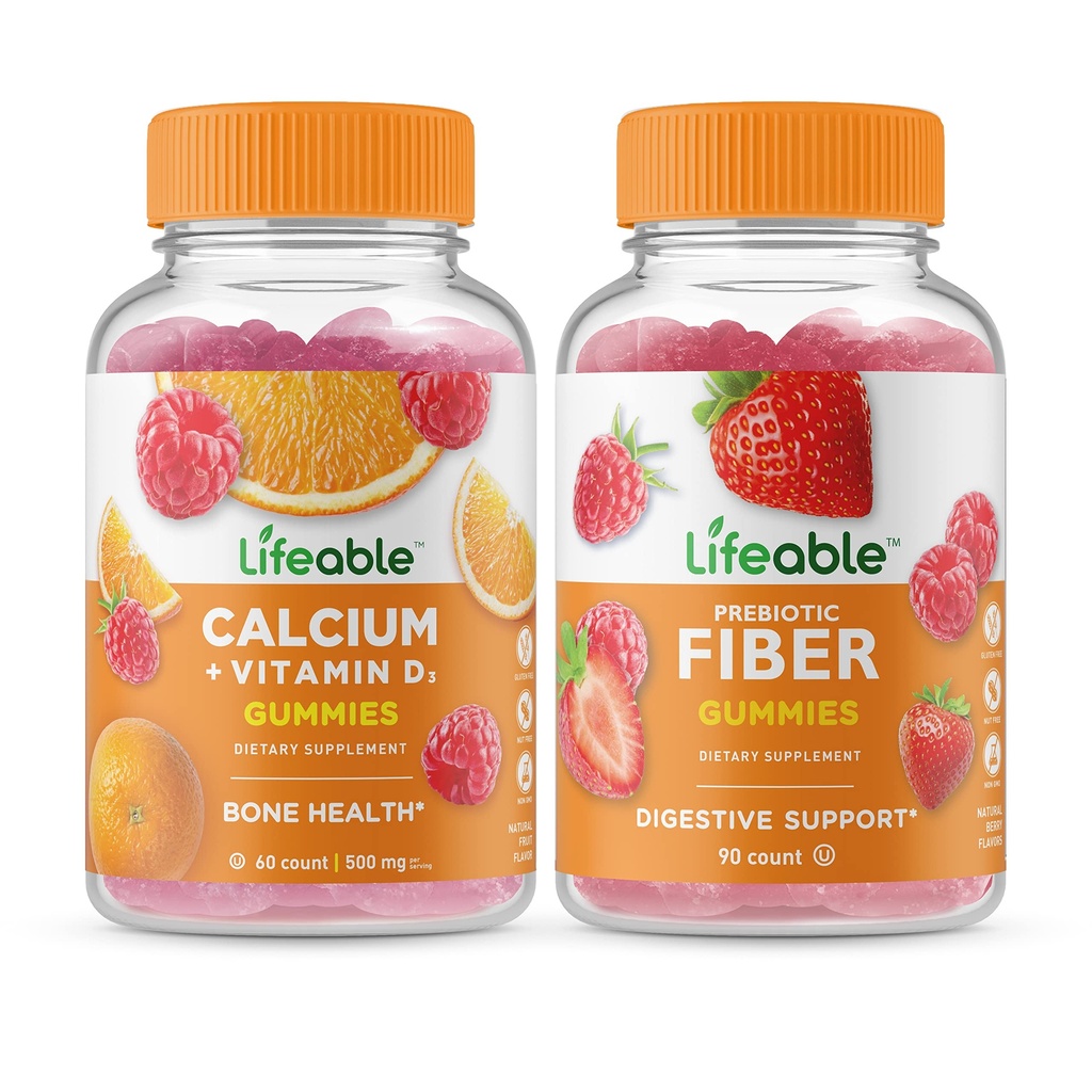 Živé vápník s vitaminem D + Prebiotický Vláknina 5g, Gummies Bundle - Velký Ochutnávka, Vitamin dodatek, Lepek zdarma, GMO zdarma, Žvýkací