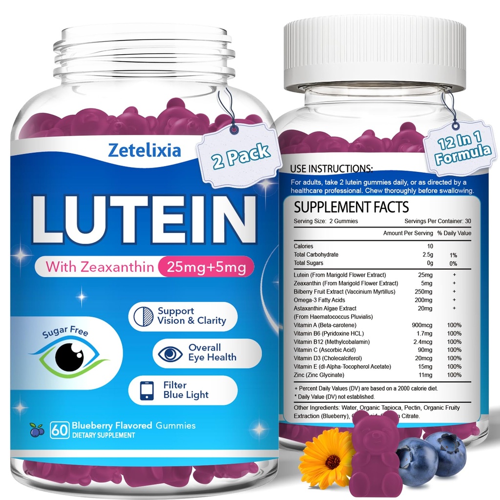 2 Pack Lutein Gummies, 12 v 1 Lutein a zeaxanthin doplňky oční vitamíny pro dospělé, Doplněk pro oční zdraví s více vitamíny na podporu očí & Vision - 120 Gummies