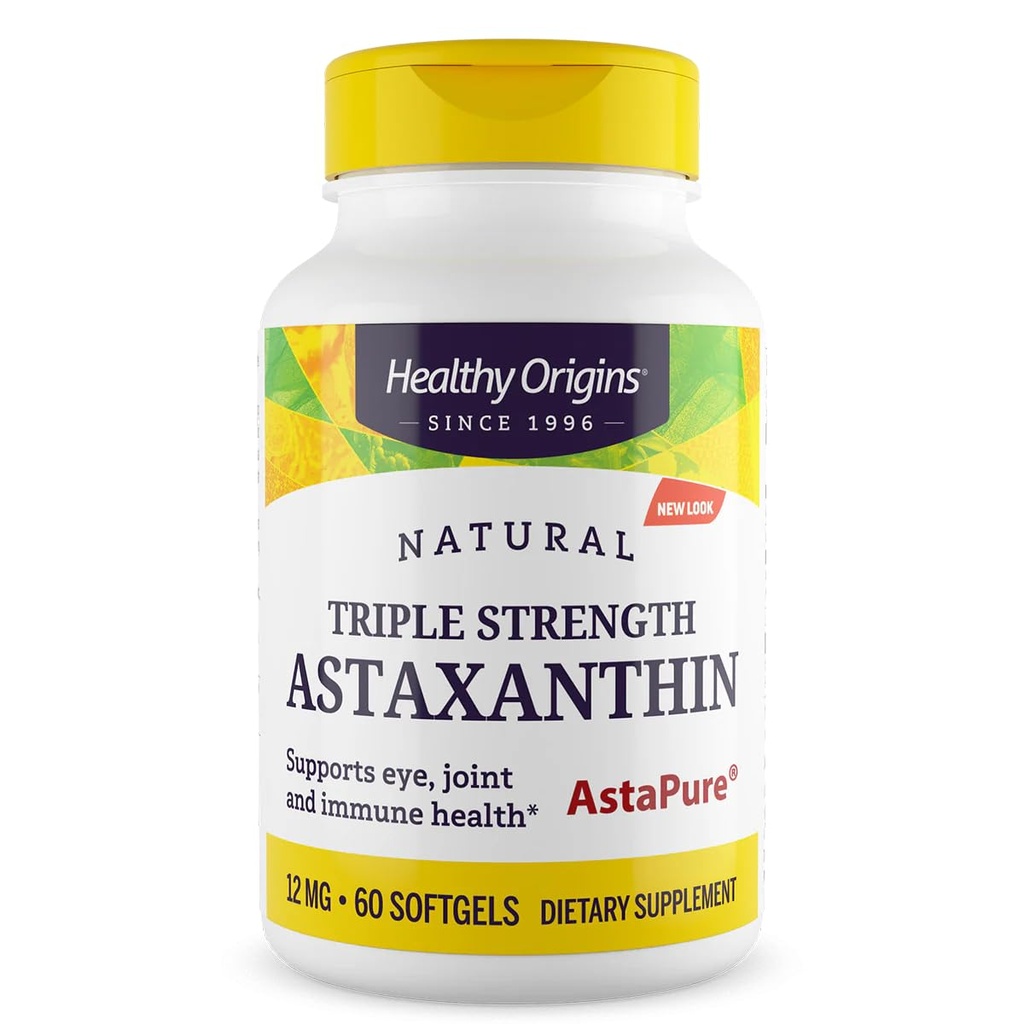 Zdravý původ Astaxanthin 12 mg (přírodní, astapure, Triple Strength, Non-GMO, Gluten Free, Oční podpora, Společná podpora, Imunitní podpora), 60 Softgels