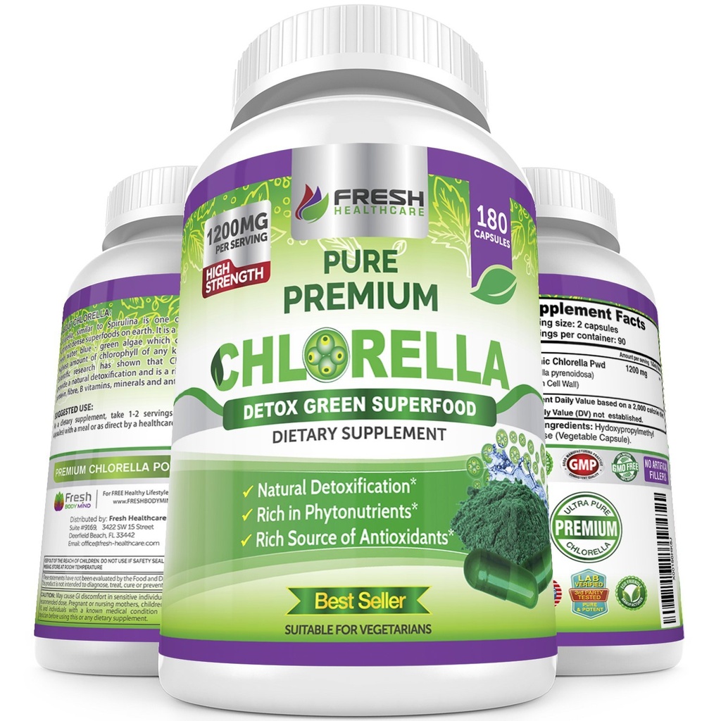 FRESH ZDRAVOTNÍ PÉČE Premium Chlorella dodatek, 1200mg Čisté Vegan Powder Kapsle, 180 Chlorofyl a CFG pilulky, přírodní Detox Superfood, přirozeně obsahuje B vitaminy a minerály